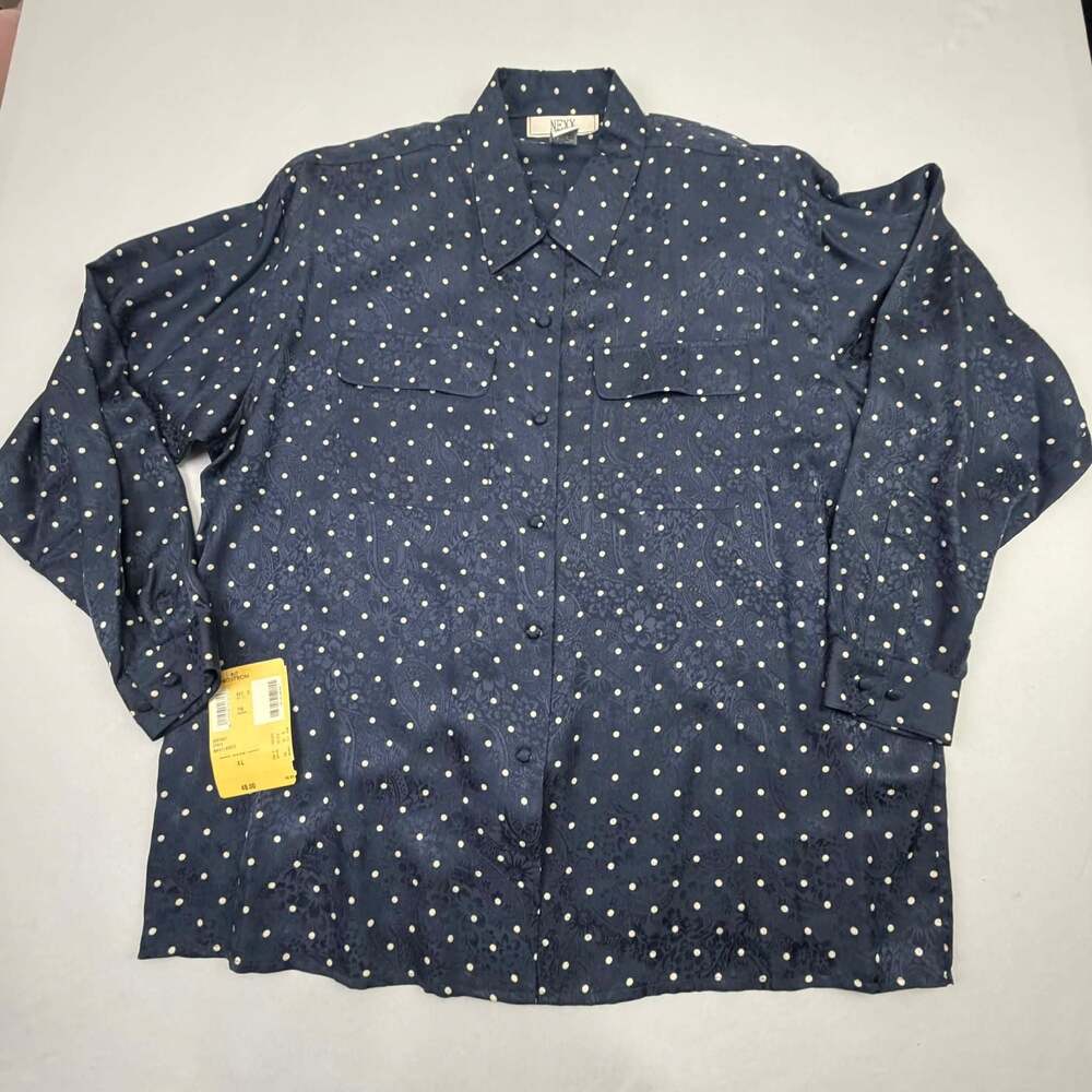 NEXX 100% Silk Navy Polka Dot Paisley Jacquard Button Down Shirt Women's XL